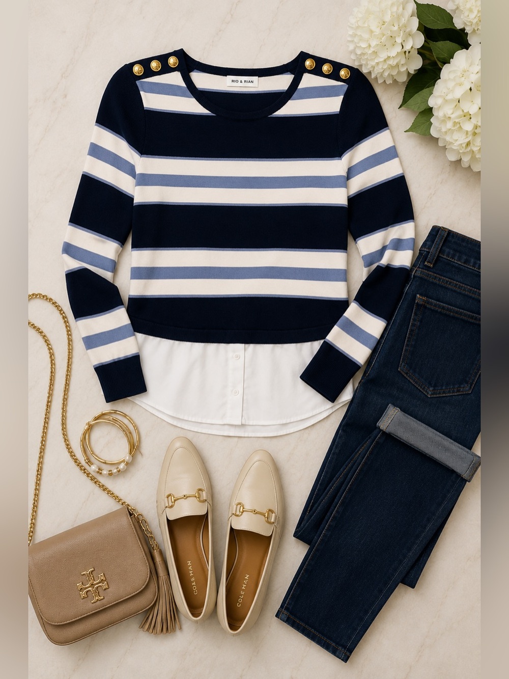 Rio & Rian Navy Blue Striped Layered Sweater Top Gold Buttons